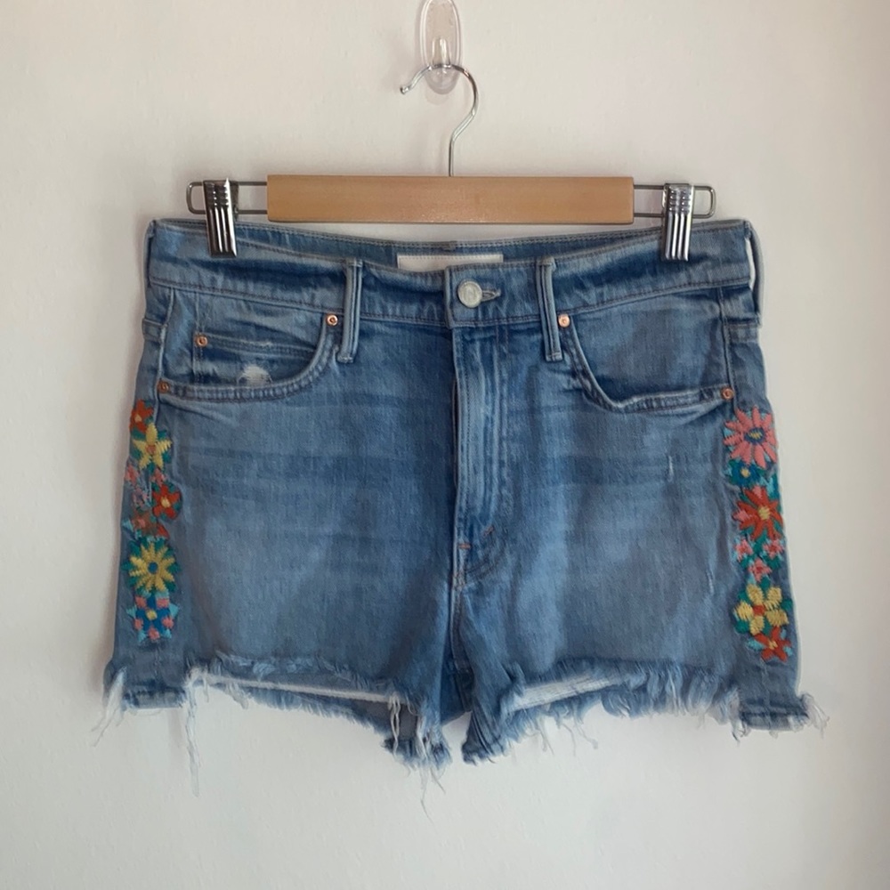 Mother Superior The Dutchie Chew Embroidered High Rise Denim Shorts 26